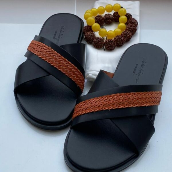 Black Leather Slide Sandals