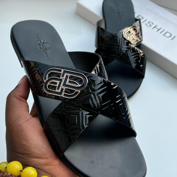 Black Patent Quilted Cross Strap Slip On