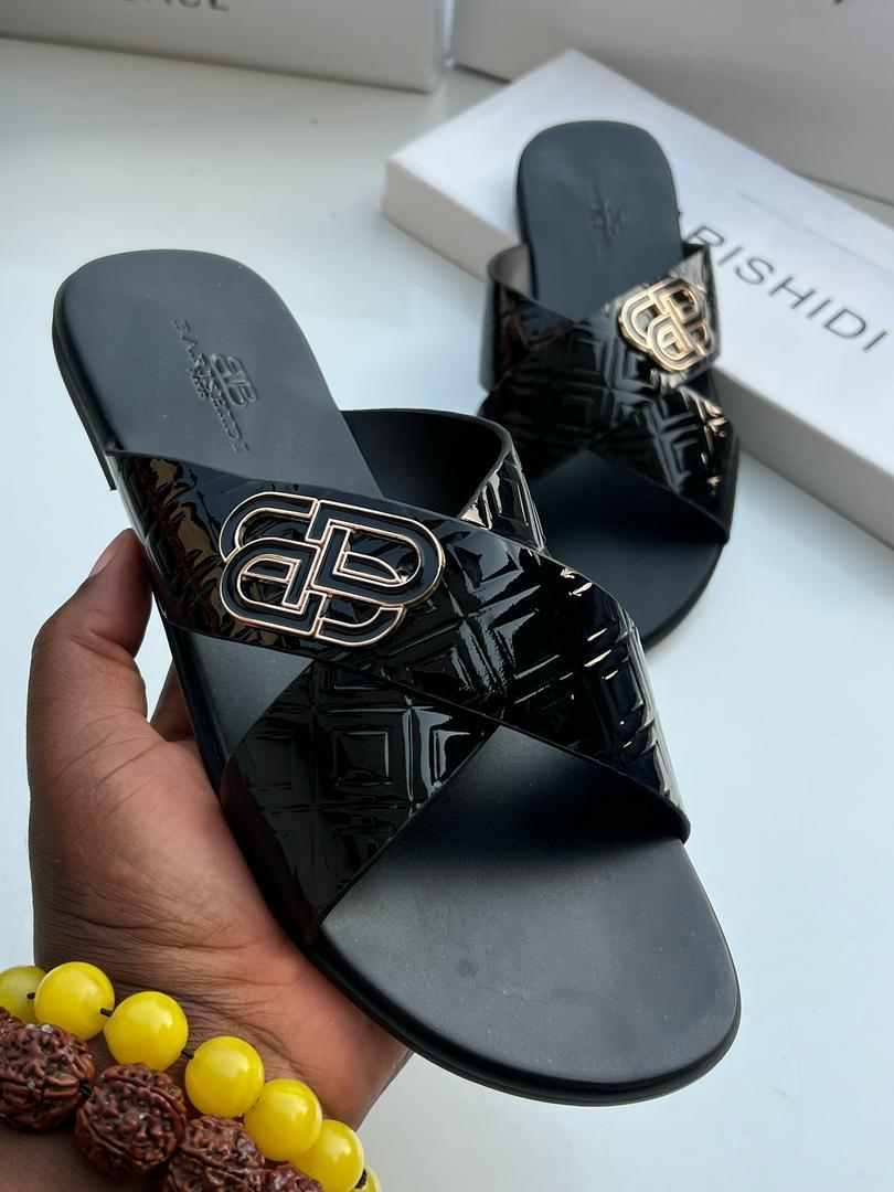 Black Patent Quilted Cross Strap Slip On Black Patent Quilted Cross Strap Slip On