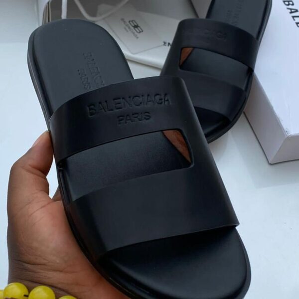 Balenciaga Black Leather Cutout Double Strap Slide Sandals