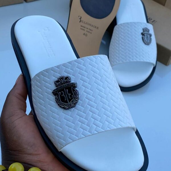 Billionaire White Leather Woven Slide Sandals