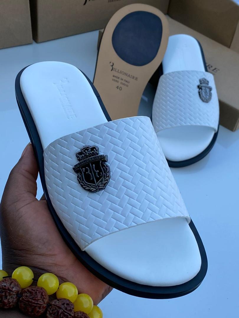 Billionaire White Leather Woven Slide Sandals Billionaire White Leather Woven Slide Sandals