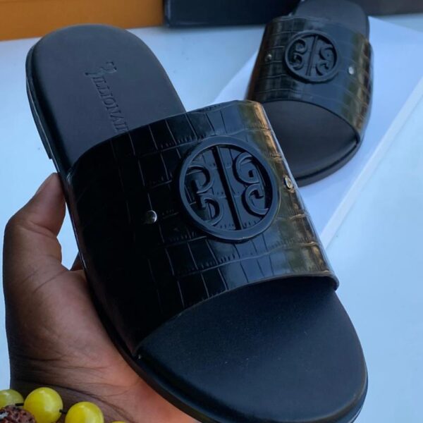 Black Crocodile Embossed Mens Slide Sandals