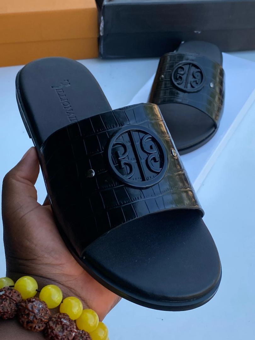 Black Crocodile Embossed Mens Slide Sandals Black Crocodile Embossed Mens Slide Sandals