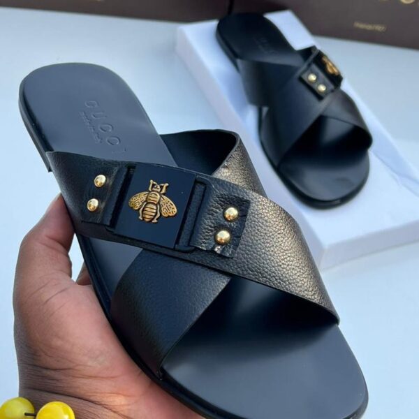 Gucci Black Textured Leather Crisscross Slide Sandals