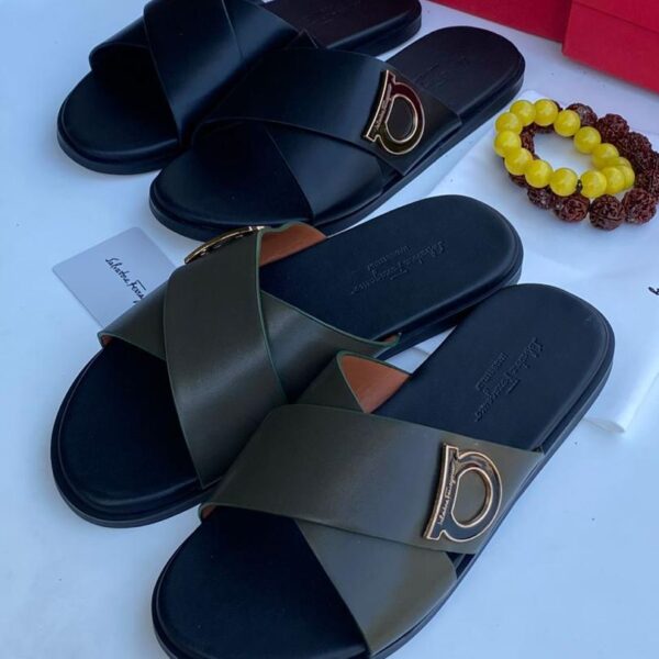 Olive Green Leather Crisscross Slide Sandals