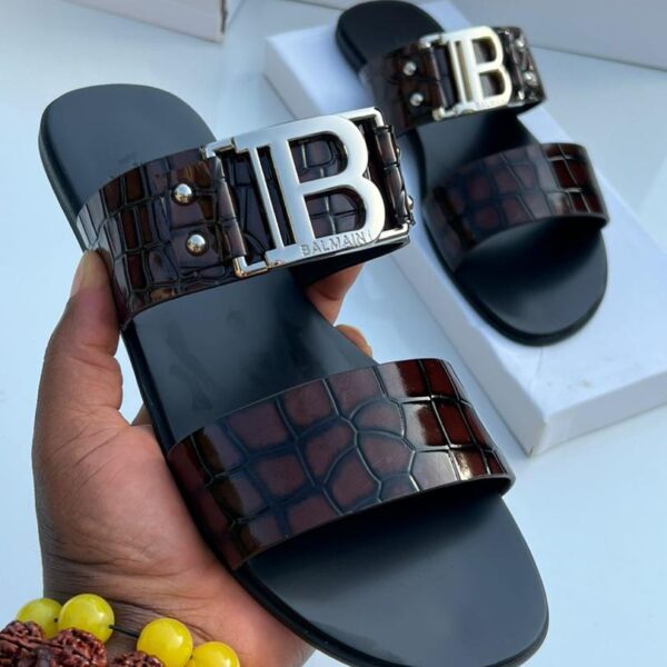 Brown Crocodile Textured Leather Slide Sandals