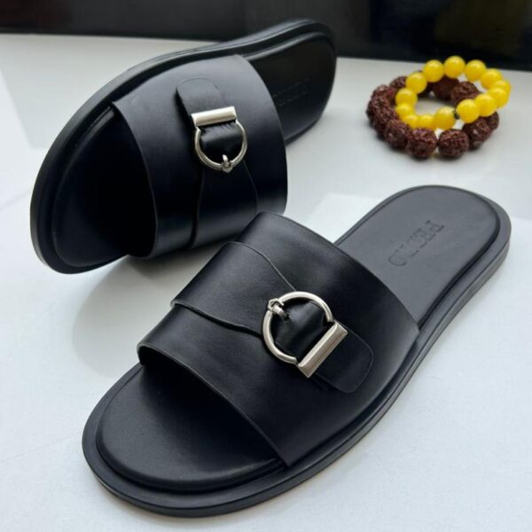 Black Leather Slide Sandals