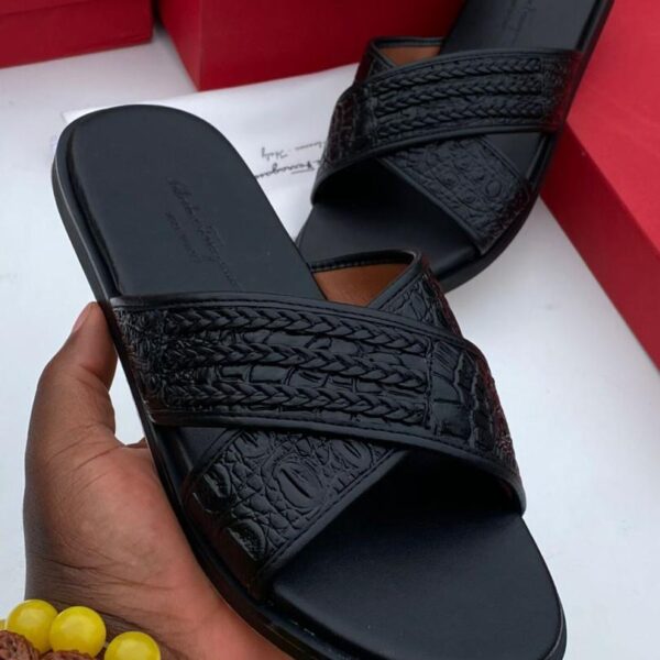 Black Leather Crocodile Texture Crossover Slide