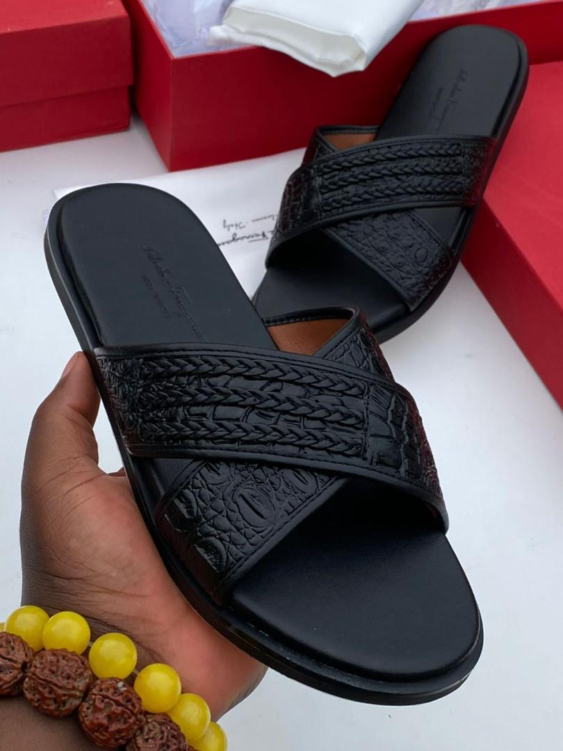 Black Leather Crocodile Texture Crossover Slide Black Leather Crocodile Texture Crossover Slide
