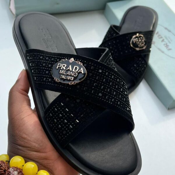 Prada Black Crystal Embellished Crisscross Slide