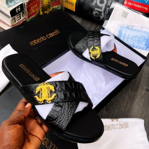 Black Crocodile Effect Leather Crisscross Slide Sandals
