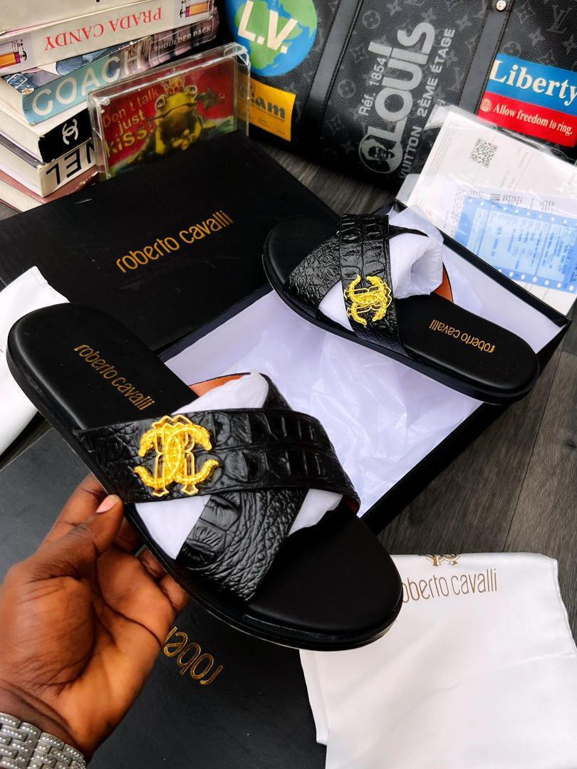 Black Crocodile Effect Leather Crisscross Slide Sandals Black Crocodile Effect Leather Crisscross Slide Sandals