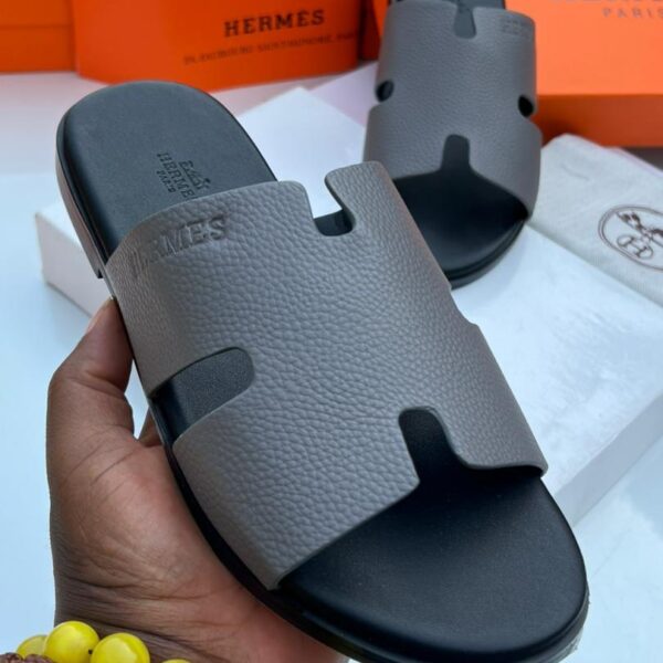 Grey Pebbled Leather H Style Slide Sandals