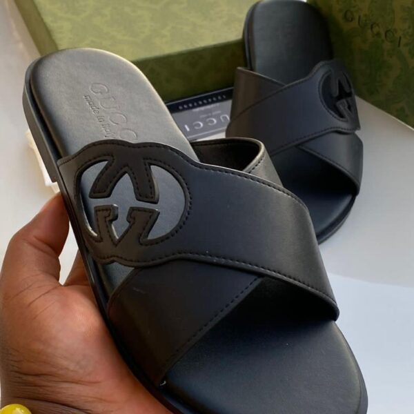 Gucci Black Leather Cutout Interlocking G Slide Sandals