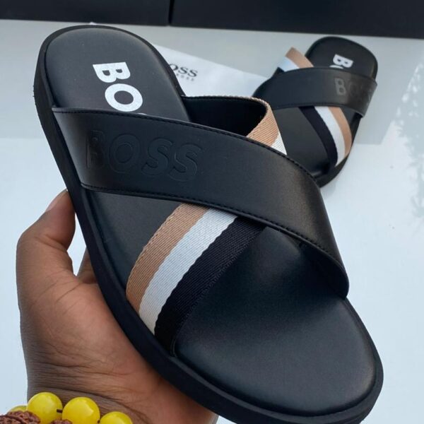 BOSS Darrel black leather cross strap sandals