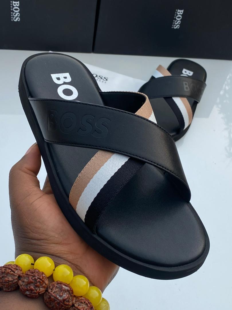 BOSS Darrel black leather cross strap sandals BOSS Darrel black leather cross strap sandals