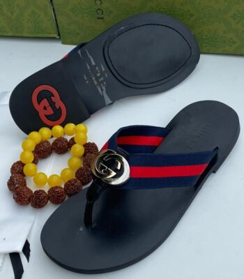 Black Thong Sandals with Red Blue Stripe Interlocking G Logo