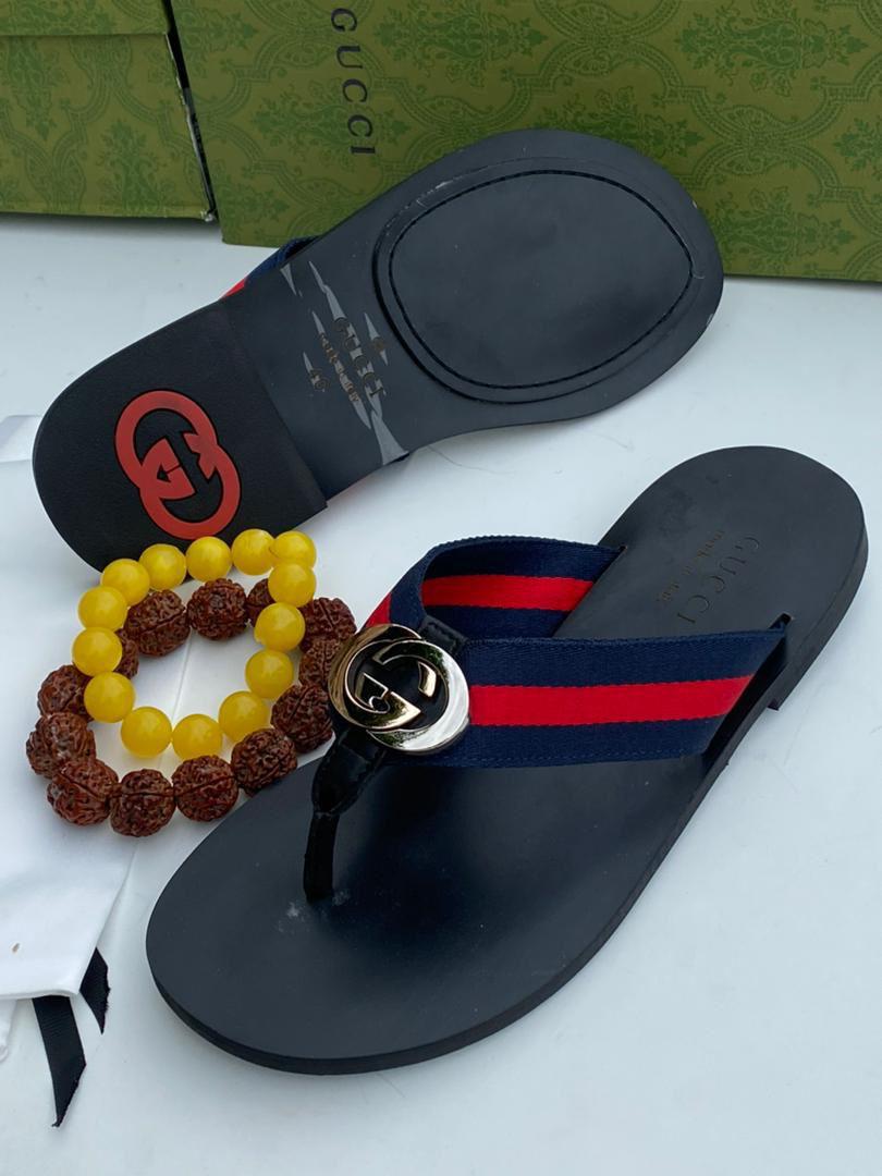 Black Thong Sandals with Red Blue Stripe Interlocking G Logo Black Thong Sandals with Red Blue Stripe Interlocking G Logo