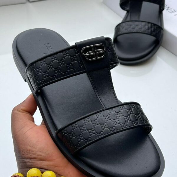 black leather double strap slide sandals
