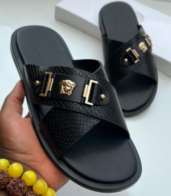 black textured leather slide sandals