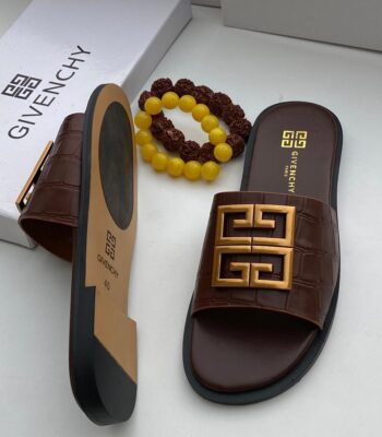 Brown Crocodile Embossed 4G Logo Slide Sandals