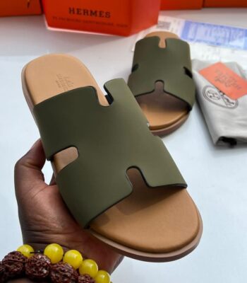 Olive Green Leather Criss Cross Buckle Slide Sandals