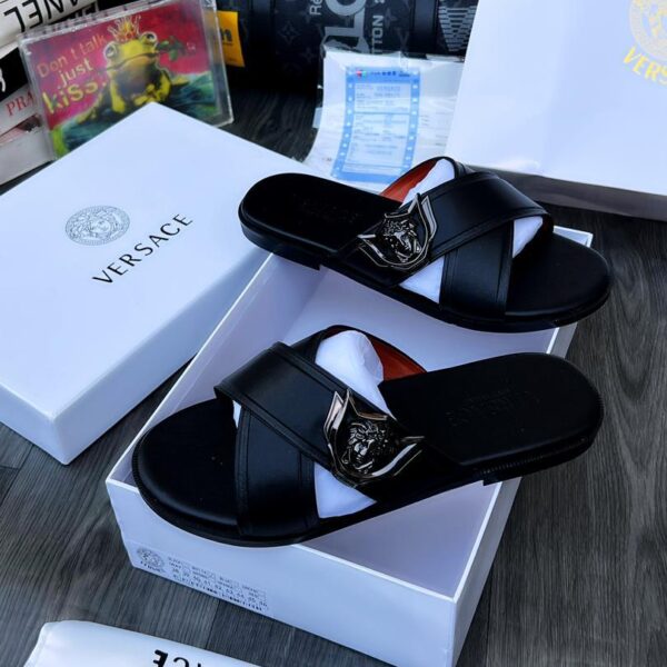 Versace black leather cross strap sandals
