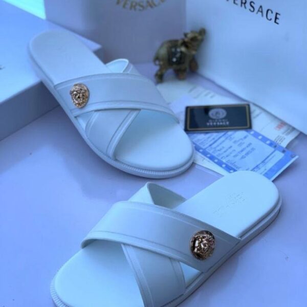white cross strap slide sandal